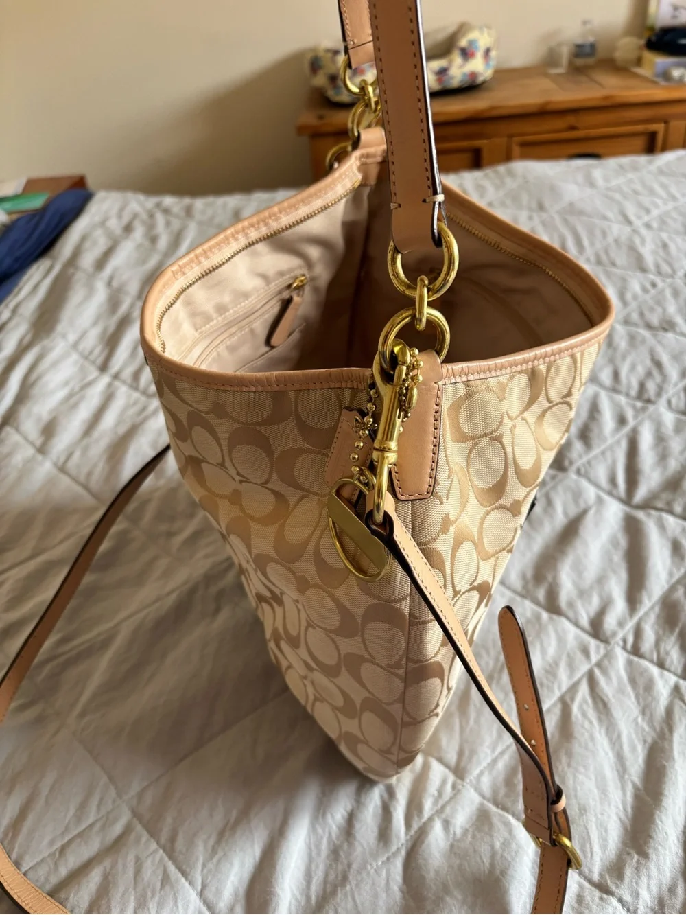 Coach Beige Signature Shoulder Bag with Green Center Stripe